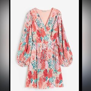 H&M Floral Pleated Wrap Dress with Balloon Sleeves